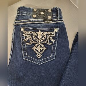Miss Me Dark Blue Skinny Jeans with Contrast Stitching, Size 30 X 31